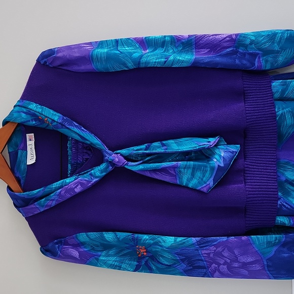 Vintage Purple & Teal Satin Skirt / Sweater Set sz 12 2pc floral print suit - Picture 2 of 7